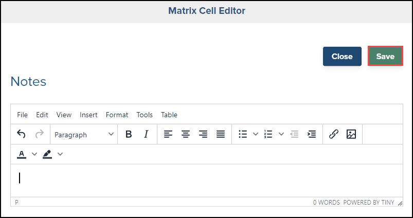 notes matrix cell editor screen with save button highlighted