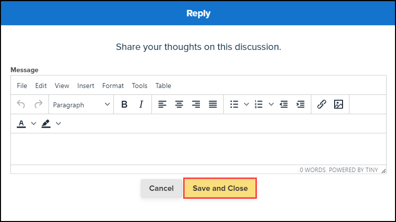 reply text box with save and close button highlighted