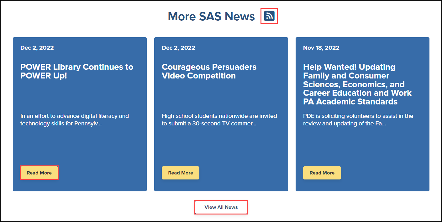 more sas news section with rss icon and view all news button highlighted