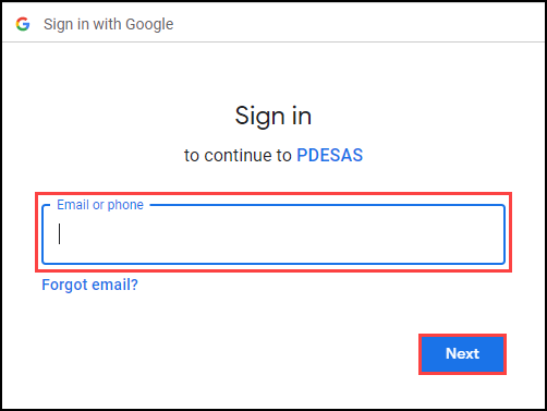 sign in with google screen with email field and next button highlighted