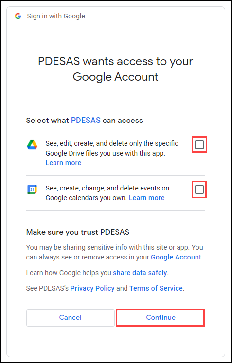 access checkboxes and continue button highlighted