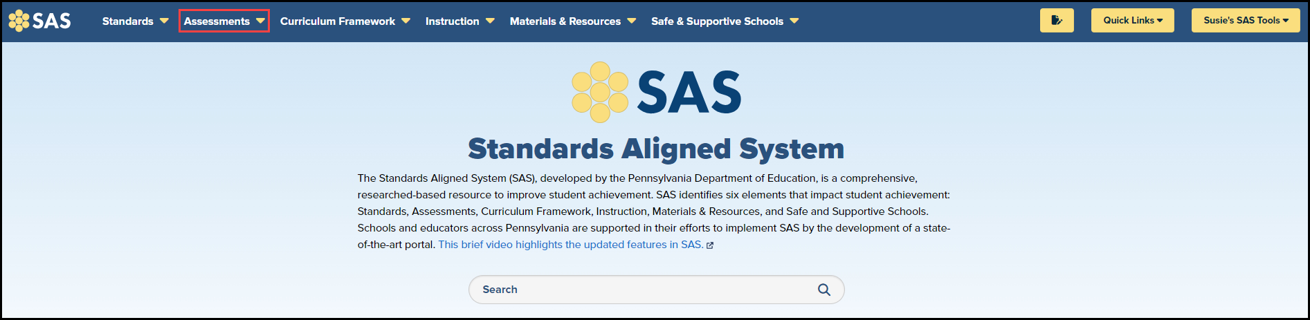 S A S homepage with assessment option hightlighted