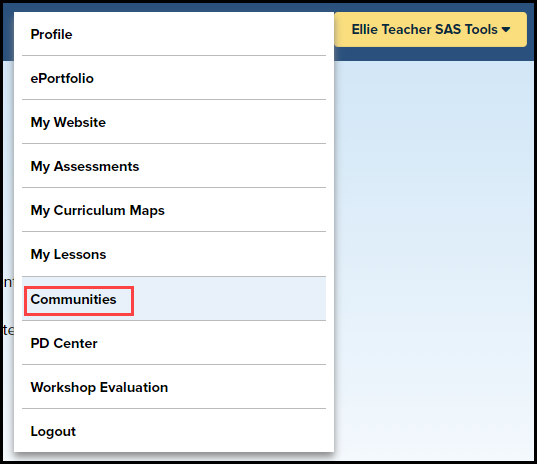 S A S Tools Menu with Communities option highlighted