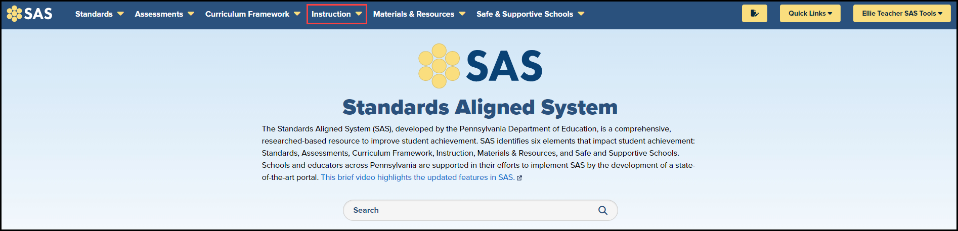 instruction button highlighted on S A S homepage