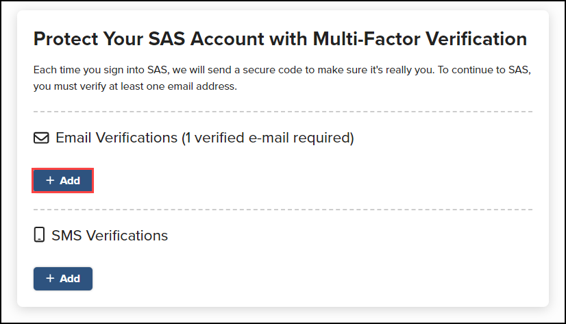 SAS MFA screen with add button under email verifications highlighted