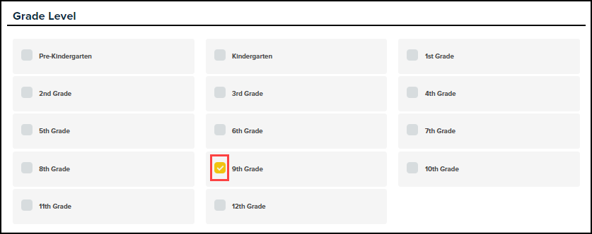 my lessons grade level menu with ninth grade checkbox highlighted