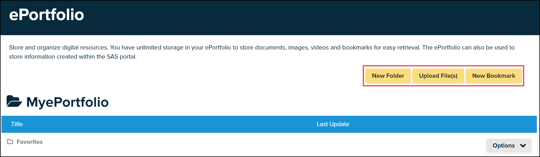 my e portfolio screen with new folder, upload files, and new bookmark buttons highlighted