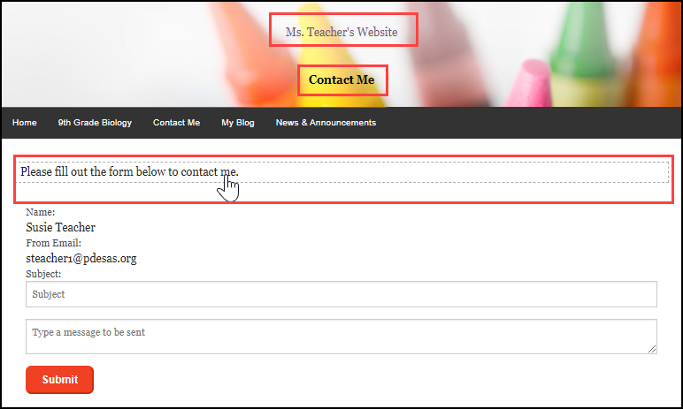 contact me page with editable text boxes highlighted