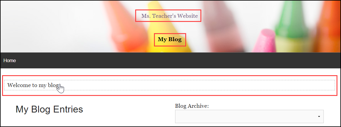 my blog page with editable text boxes highlighted