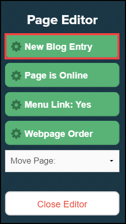 page editor sidebar menu with new blog entry button highlighted
