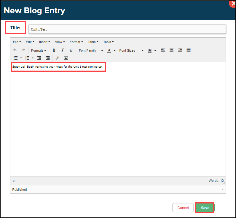 blog entry text editor box with title, editable text, and save button highlighted