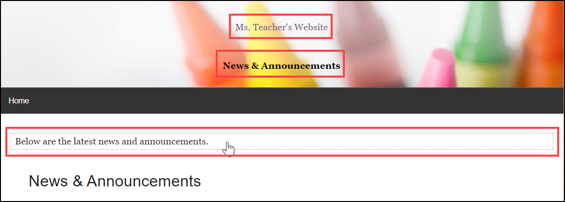 news and announcements page with editable text boxes highlighted