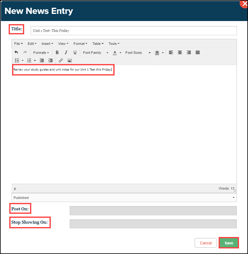 news entry text editor box with title, editable text, post on, stop showing on, and save button highlighted
