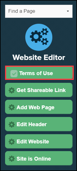 website editor sidebar menu with terms of use button highlighted