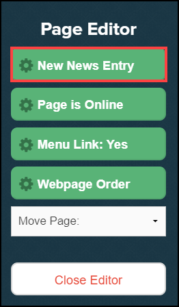 page editor sidebar menu with new news entry button highlighted