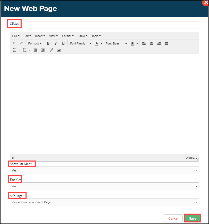 new web page editor box with title, show on menu, enable, and subpage fields highlighted