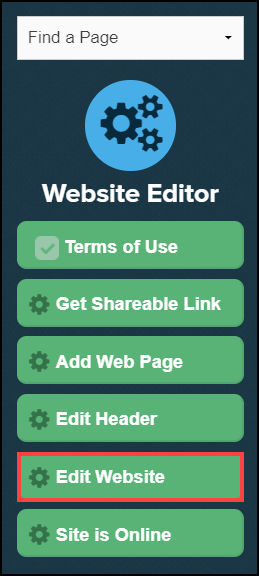 website editor sidebar menu with edit website button highlighted