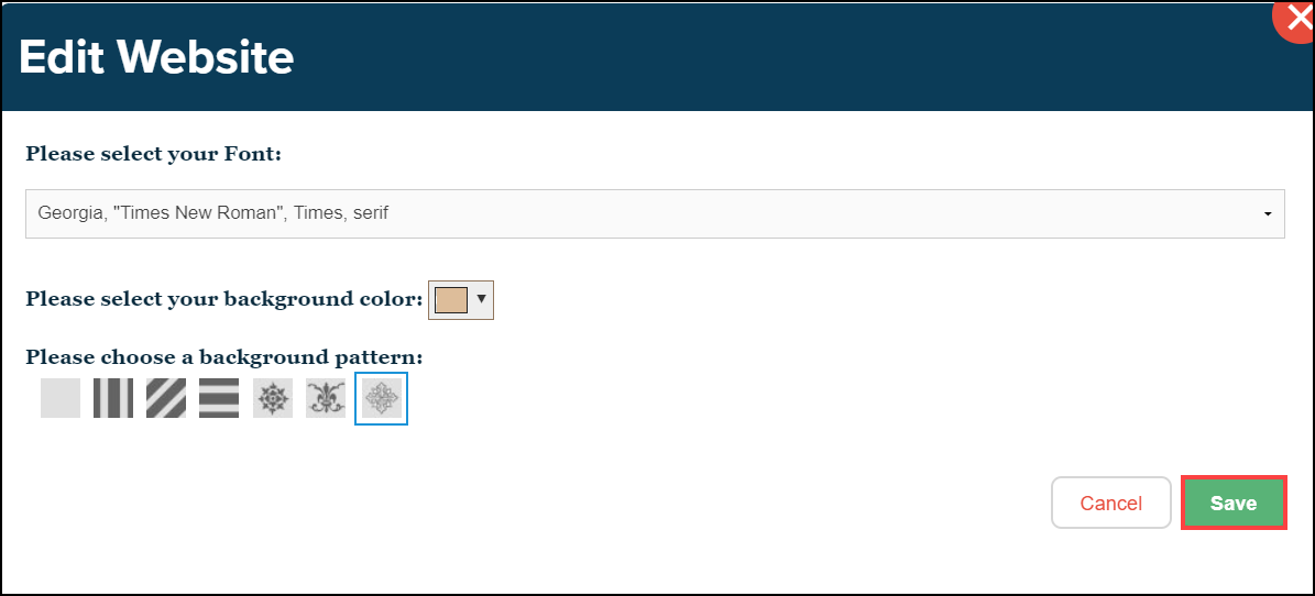 edit website pop up menu with save button highlighted