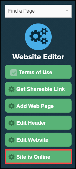 website editor sidebar menu with site is online button highlighted