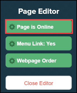 page editor sidebar menu with page is online button highlighted