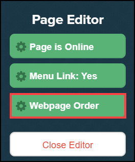 page editor sidebar menu with webpage order button highlighted