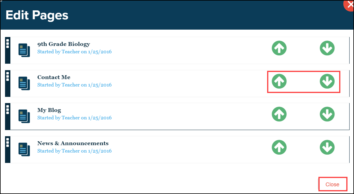 edit pages screen with up and down arrows and close button highlighted