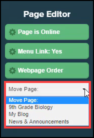 page editor sidebar menu with move page drop down menu expanded button highlighted