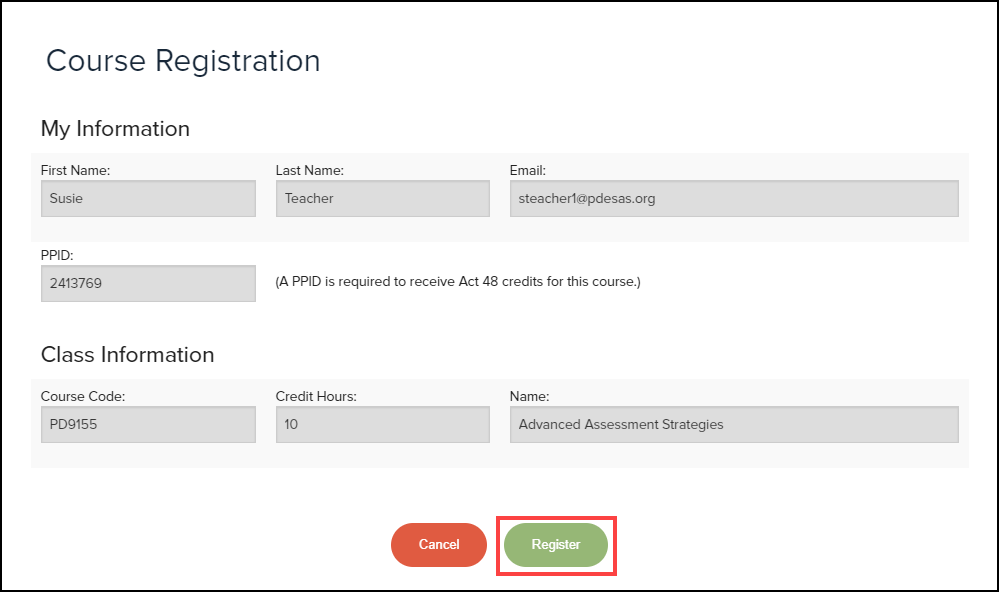 course registration form with register button highlighted