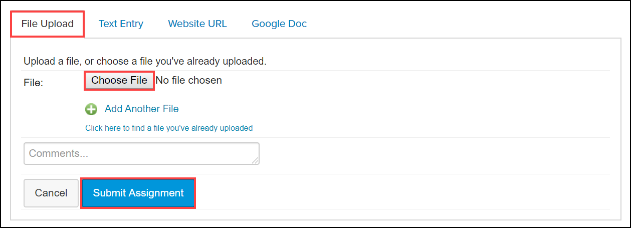 submit assignment file upload screen with file upload tab and choose file and submit assignment buttons highlighted