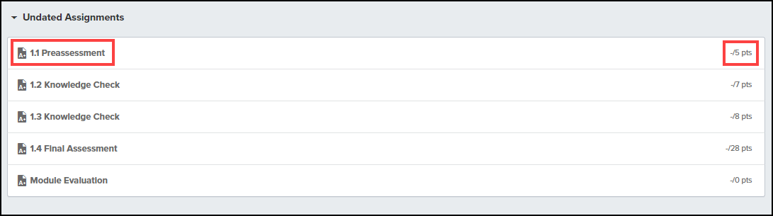 course assignments screen with assignment name and points highlighted
