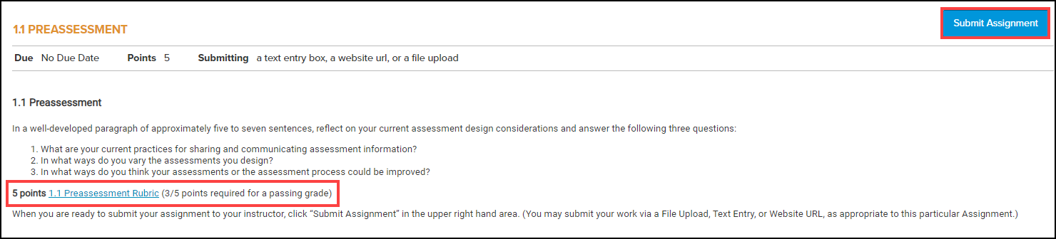 assignment screen with point value, scoring rubric, and submit assignment button highlighted