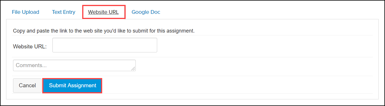 submit assignment website U R L entry screen with website U R L tab and submit assignment button highlighted 