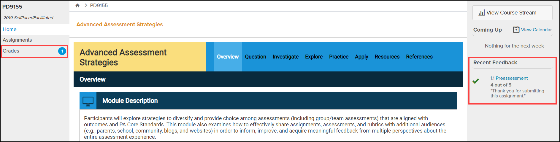 course page with grades and recent feedback highlighted
