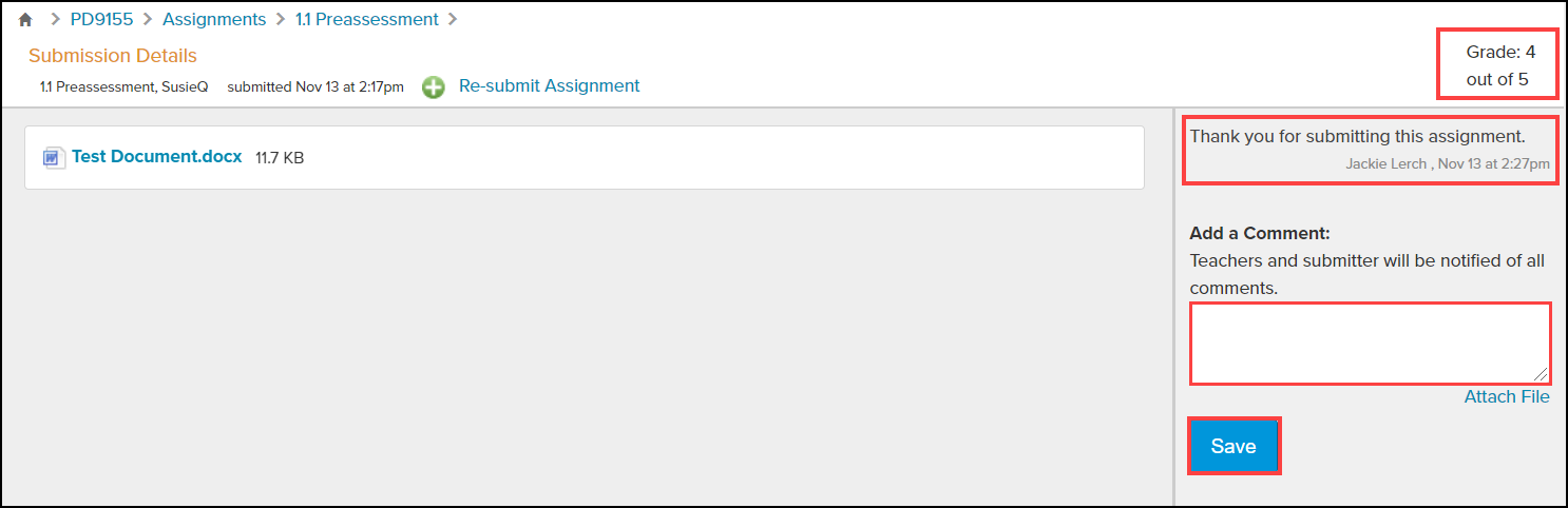 assignment grade screen with grade, comment, comment text box, and save button highlighted