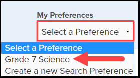my preferences drop down list with sample preference highlighted