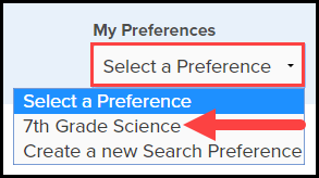 My Preferences section of standards search page with Select a Preference highlighted