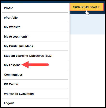 SAS tools menu with my lessons option highlighted
