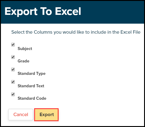 Export To Excel pop up box with Export button highlighted