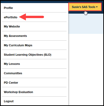 SAS tools menu expanded with e portfolio option highlighted