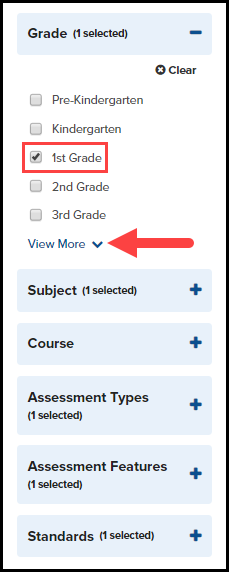 assessment item search page displaying grade, subject, course, assessment types, assessment features, and standards filter options with 1st grade checkbox selected and highlighted