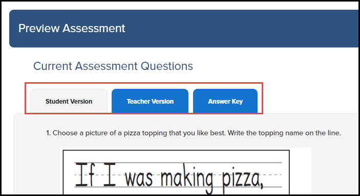 preview assessment page with student version, teacher version, and answer key tabs highlighted