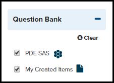 assessment item search page displaying question bank filter with the checkboxes for both P D E S A S bank and my created items bank selected