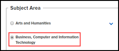subject area section of the general information step with the radio button for business, computer and information technology selected and highlighted as an example