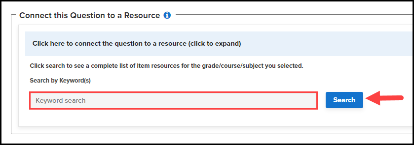 connect this question to a resource section with the keyword search bar highlighted and an arrow pointing to the search button