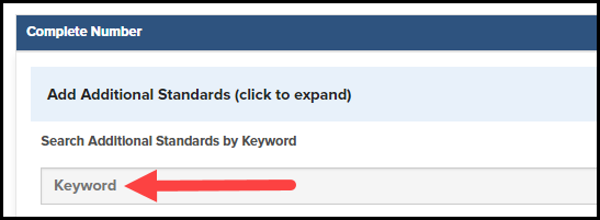 expanded add additional standards section with the keyword search bar highlighted