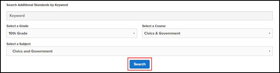 add additional standards section displaying sample selections for the select a grade field, select a course field, and select a subject field with the search button highlighted