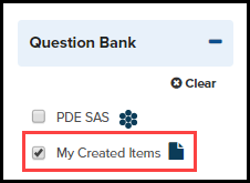 assessment item search page displaying question bank filter with the checkbox for my created items bank selected and highlighted