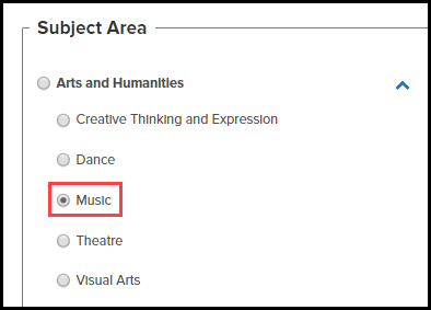 subject area section with the arts and humanities sub categories displayed with the radio button for the music option selected and highlighted