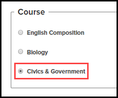 course section of the general information step with the radio button for civics and government selected and highlighted as an example