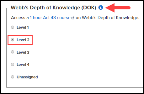 webb's depth of knowledge section of the alignment step with the radio button for level two selected and highlighted as an example and an arrow pointing to the information icon